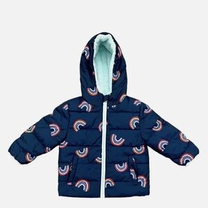 Swiss Tech Baby Puffer Coat 12M – Rainbow Print, Hooded, Fold-Over Mitten Cuffs